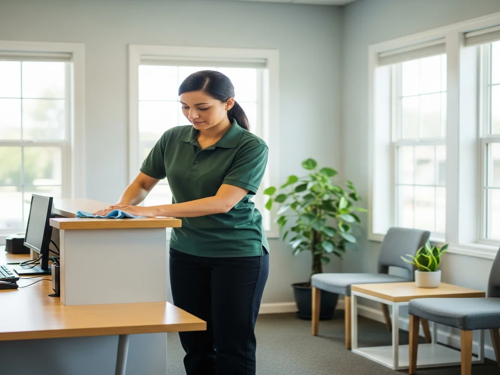 A cleaner wiping down the reception desk of a small professional office