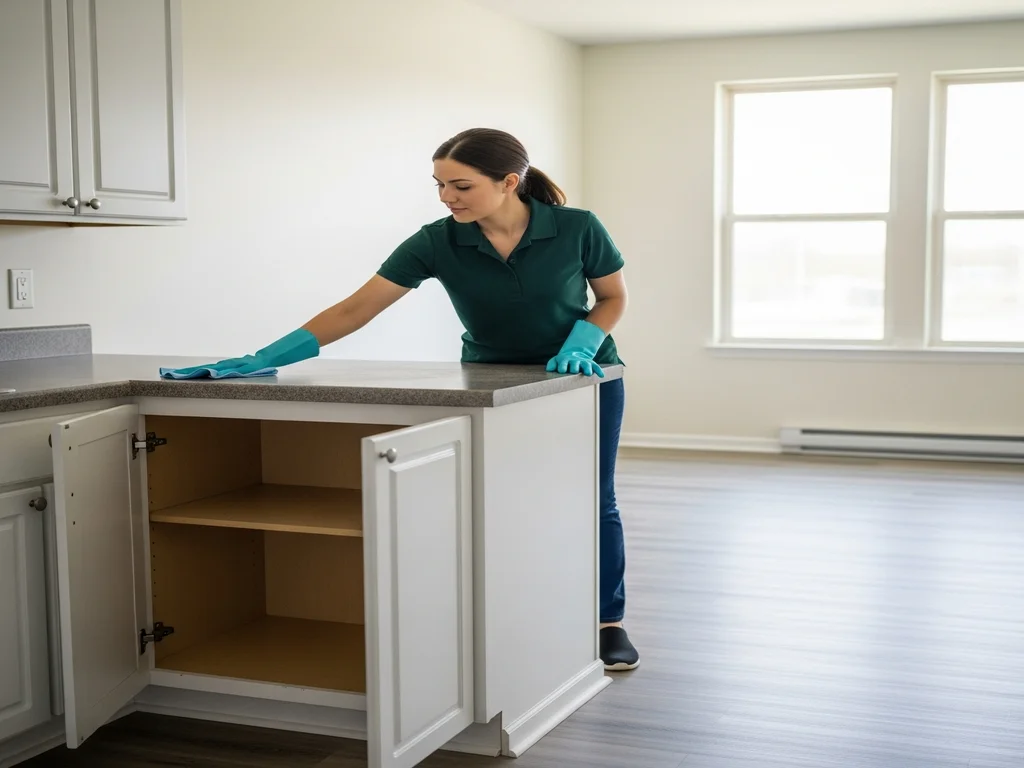 A cleaner wiping counters in an empty rental kitchen with cabinets open