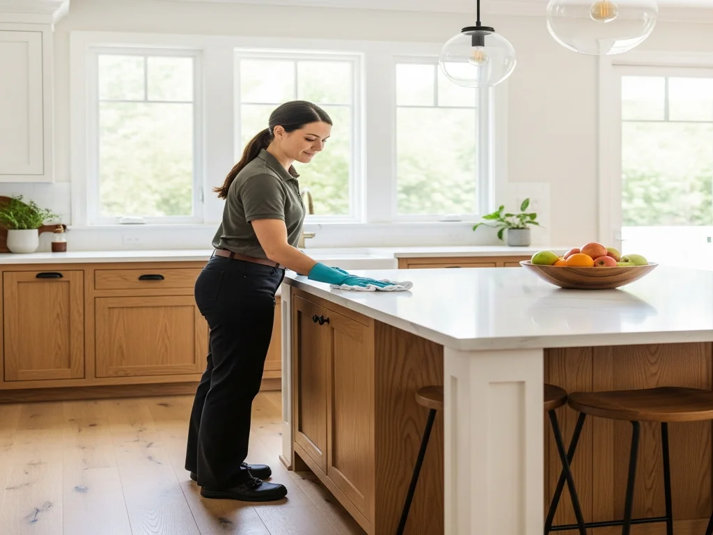 A cleaner wiping down a kitchen island in a bright Northern California home