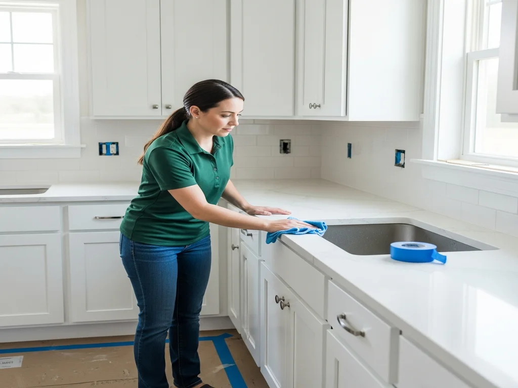 A cleaner detailing new cabinetry in a freshly remodelled kitchen