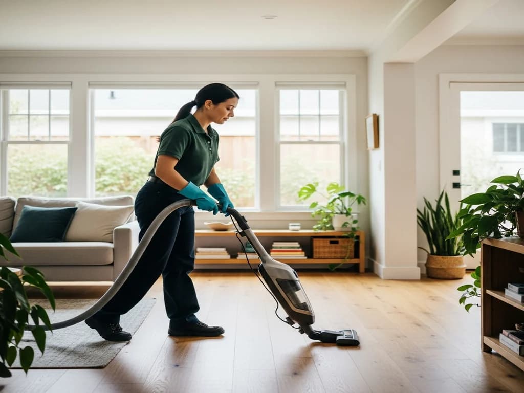 A cleaner vacuuming the floor of a bright, lived-in living room